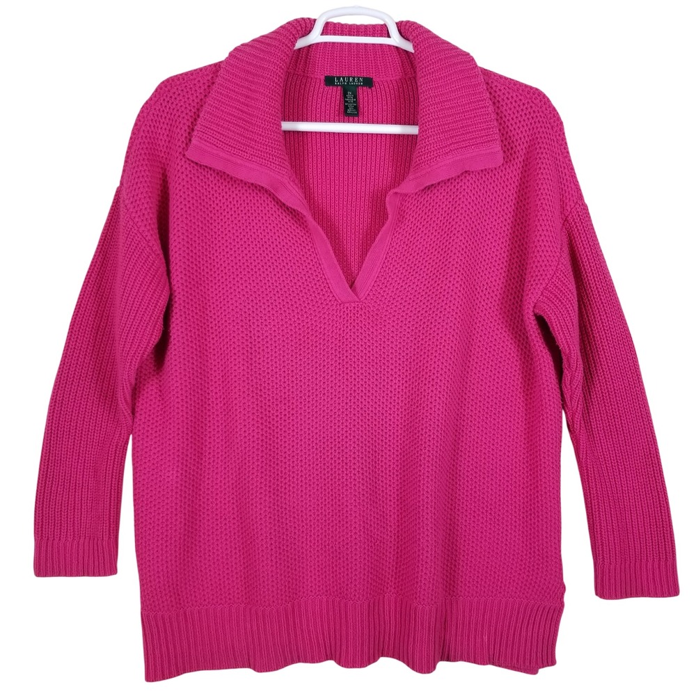 Lauren Ralph Lauren Pink Knit V-Neck Split Collar Sweater Womens 2X Cotton Blend